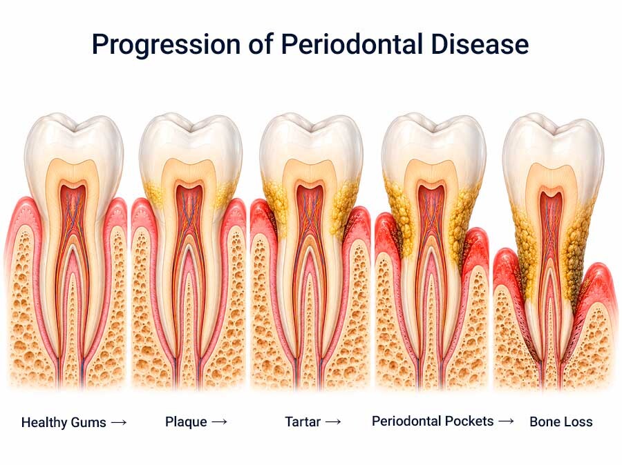 Progression of periodontal disease from healthy gums to plaque, tartar, periodontal pockets, and bone loss